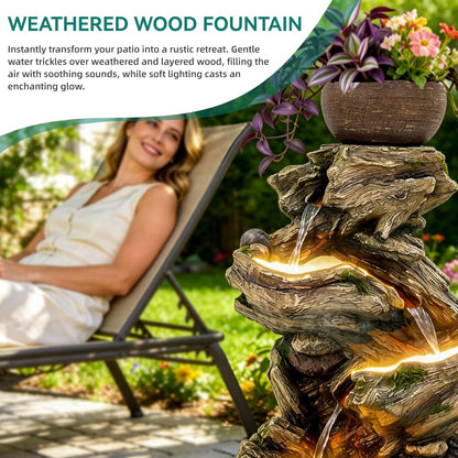 19.5" H 4-Tier Indoor & Outdoor Water Fountain with LED Lights | Resin Pebble Textured Tabletop Cascading Water Feature, Relaxing Decor for Patio, Porch, Deck, Yard & Home