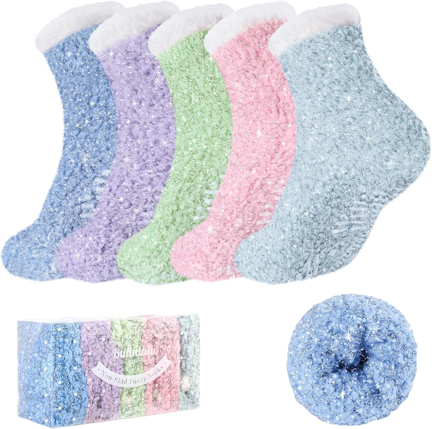 Bulinlulu Fuzzy Socks With Grips for Women, 5 Pairs Non Slip Sleep Warm Fluffy Slipper Socks Gifts for Women