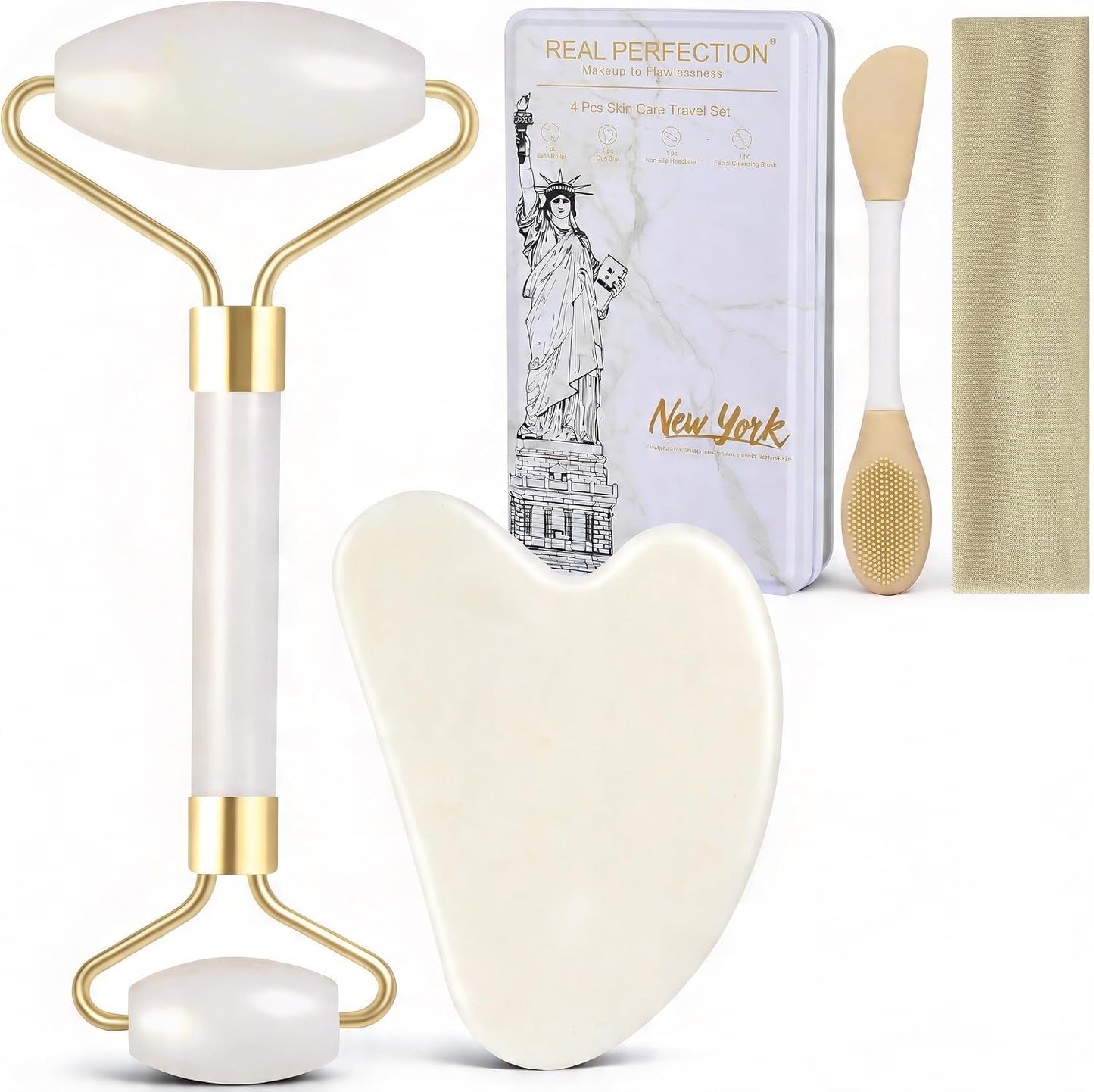 Real Perfection Gua Sha Facial Tools Face Roller for Wrinkles Jade Roller and Gua Sha Set, Scrubber Pore Brush Headband Skin Care Tools for Travel Skincare Routine Massaging Reducing Puffiness - Green