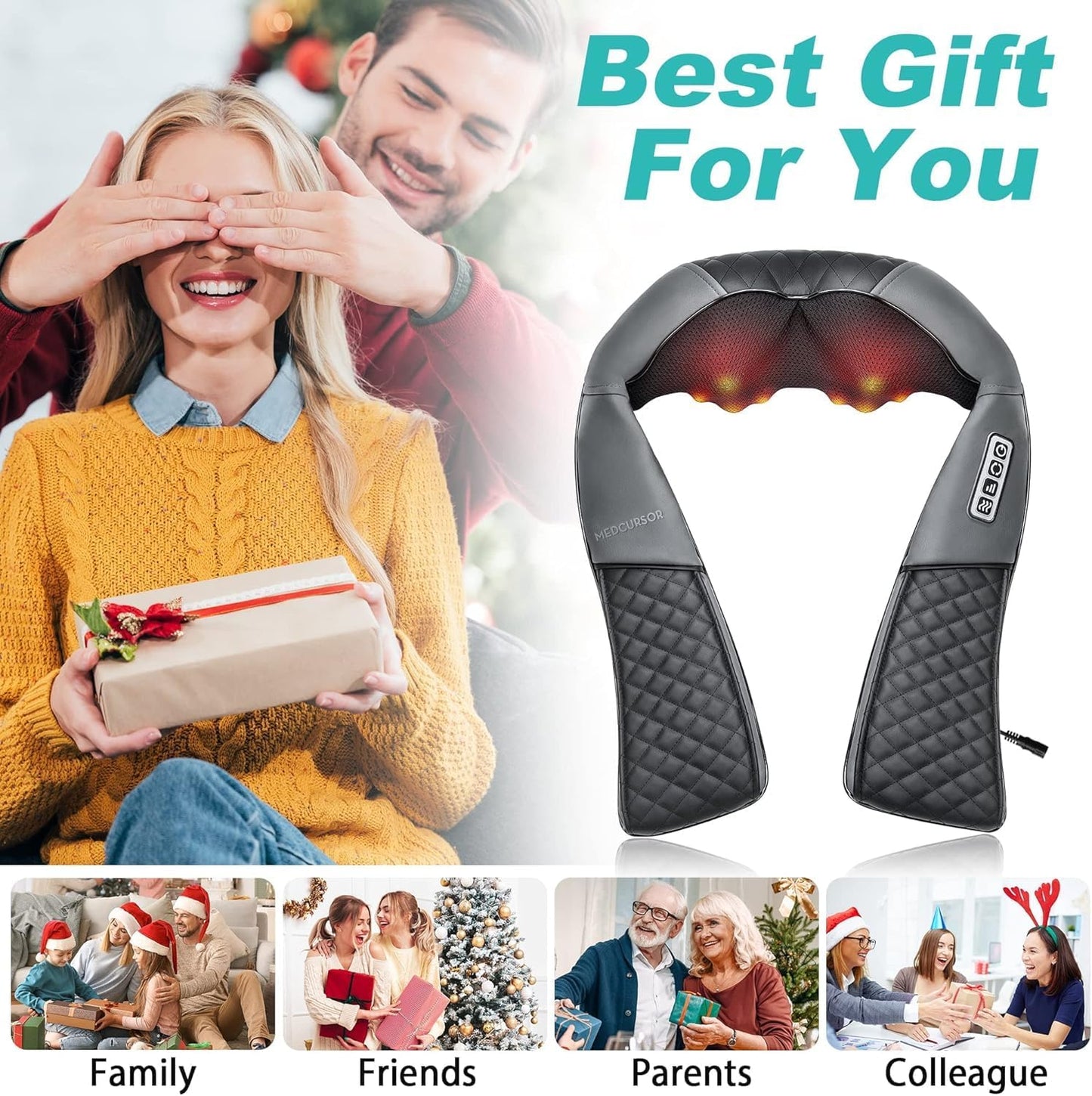 Medcursor Neck Massager with Heat - Deep Tissue Pain Relief, Rechargeable Shiatsu Neck and Shoulder Massager, Ideal Choice for Men, Women, Mom & Dad