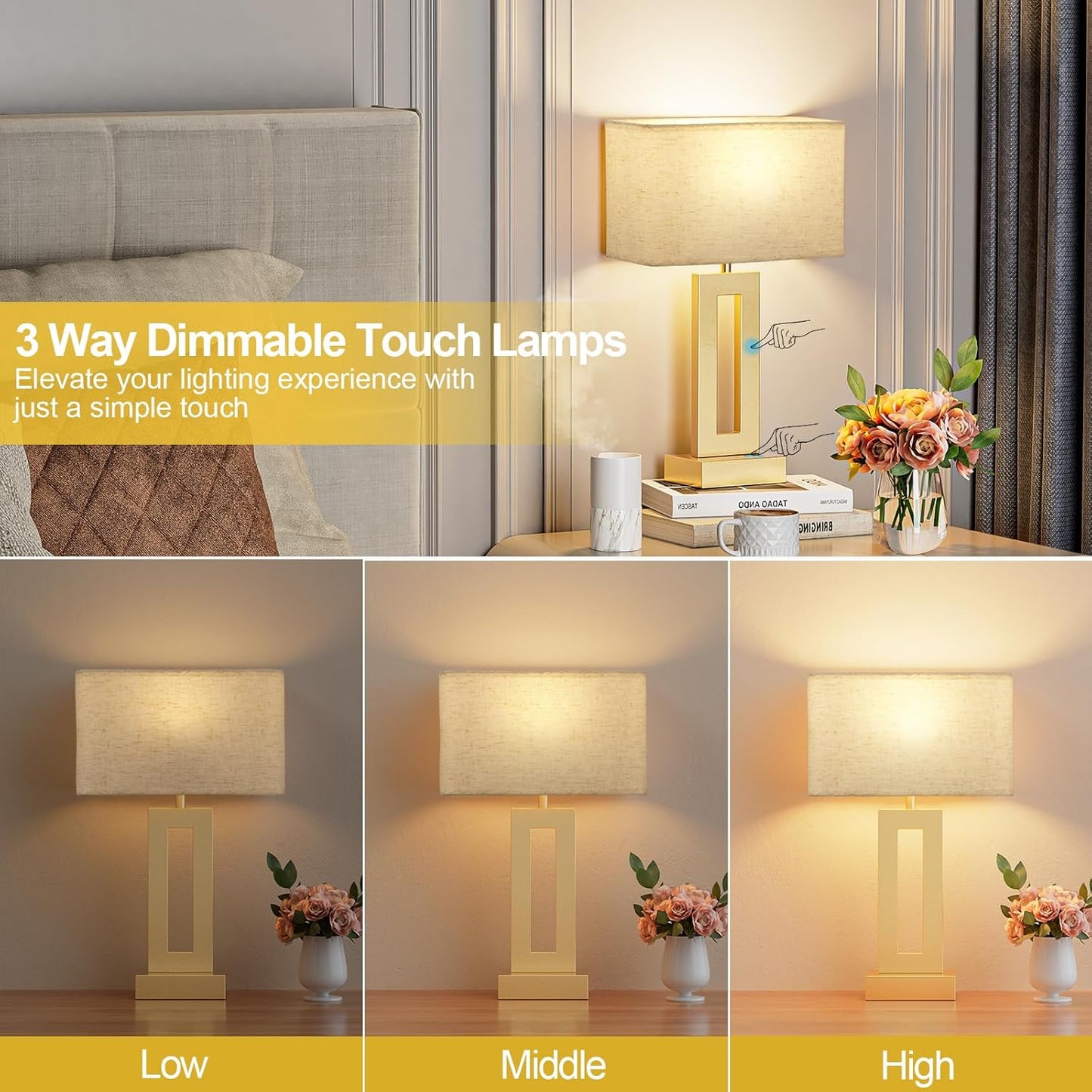 Seealle Bedroom Table Lamps Set of 2 - Touch Bedside Lamps with USB C+A, 3 Way Dimmable Gold Lamp for Nightstand, Modern Night Stands Lamps for Living Room End Tables Desk Bed Side Study Room(16.4n)