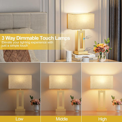 Seealle Bedroom Table Lamps Set of 2 - Touch Bedside Lamps with USB C+A, 3 Way Dimmable Gold Lamp for Nightstand, Modern Night Stands Lamps for Living Room End Tables Desk Bed Side Study Room(16.4n)