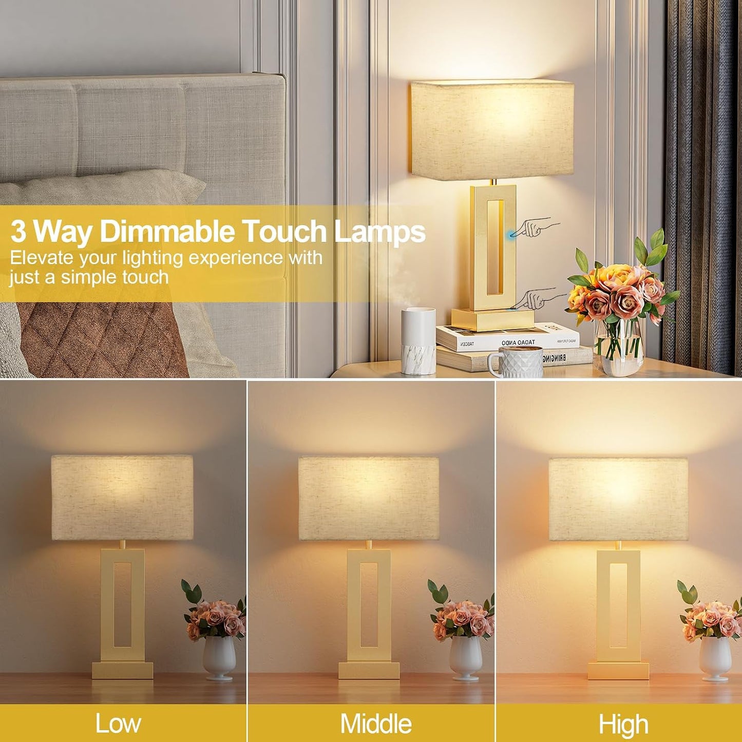 Gold Table Lamps Set of 2, 16.4" Bedside Lamps for Nightstand with USB C+A