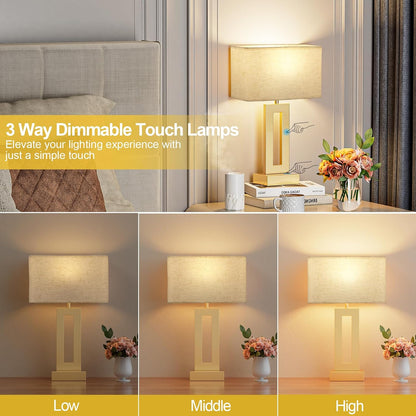 Gold Table Lamps Set of 2, 16.4" Bedside Lamps for Nightstand with USB C+A
