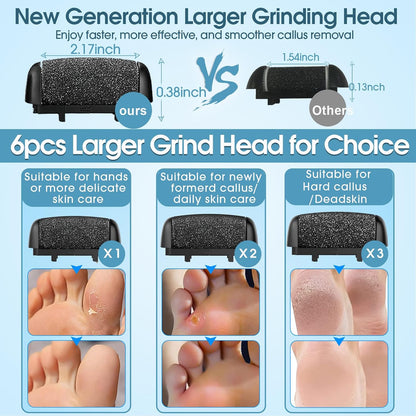 Electric Foot File Callus Remover for Feet - 6pcs Larger Grinding Head&3Speed, Pedicure Kit Foot Scrubber Deadskin Callus Remover, Foot Care Kit Pedicure Tools for Dead Skin Callus Hardskin Dry Cracks