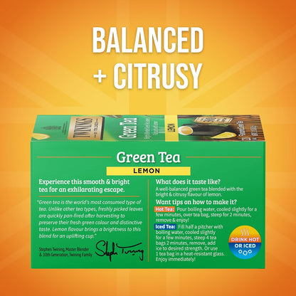 Twinings Green Tea with Lemon Individually Wrapped Bags, 20 Count (Pack of 6), Zesty Citrus Aroma & Flavour, Caffeinated, Enjoy Hot or Iced, 120 Teabags