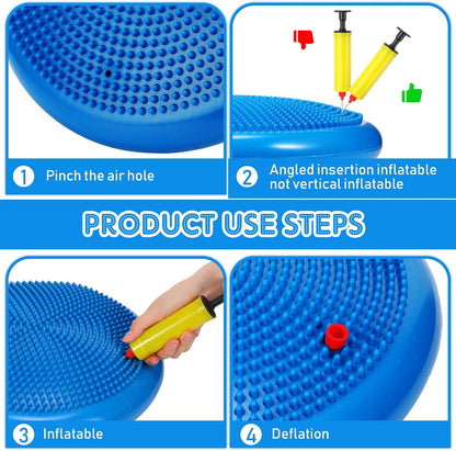 Sotiff 4 Pcs Inflated Wobble Cushion Wiggle Seat for Sensory Kids Flexible Seat for Classroom Wobble Disc with Inflation Pump Stability Balance Board for Adult Physical Therapy Exercise