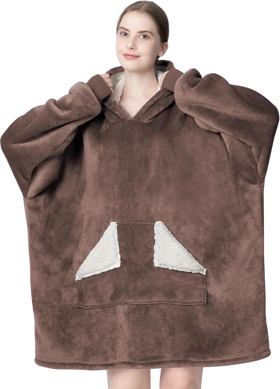 Touchat Wearable Blanket Hoodie, Oversized Sherpa Blanket Sweatshirt with Hood Pocket and Sleeves, Super Soft Warm Plush Hooded Blanket for Adult Women Men, One Size Fits All (Pink)