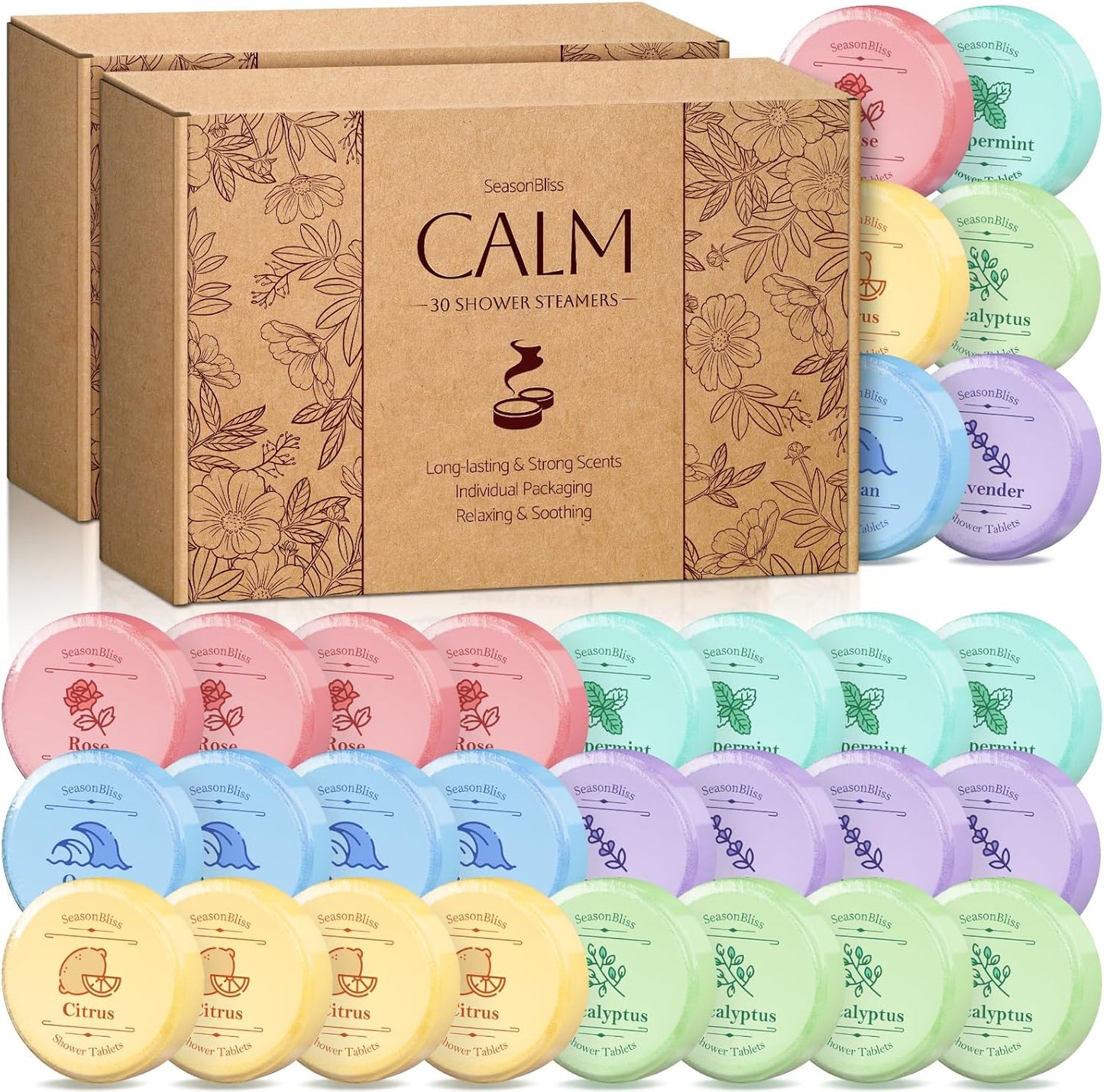 Shower Steamers 30 PCS with Individually Wrapped, Shower Bombs for Women with 6 Rich Scents, Rose Peppermint Citrus Eucalyptus Ocean Lavender, Mother's Day Valentines Birthday Present for Mom Wife Men