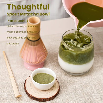7Pcs Matcha Whisk Set, Matcha Set Whisk and Bowl,Bamboo Scoop, Scoop Rest, Sifter and Tea Towel, Matcha Kit W/Carved Cherry Blossm Pattern for Matcha Lovers (Sakura Pink)