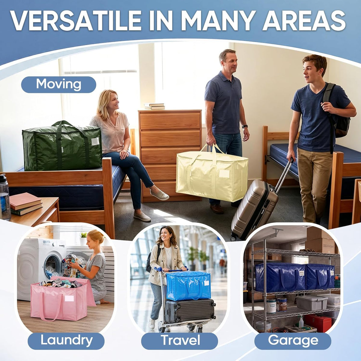 TICONN Extra Large Moving Bags Heavy Duty with Zippers & Carrying Handles, Durable Storage Bags Moving Boxes for Closet Organizers and Storage (Blue)