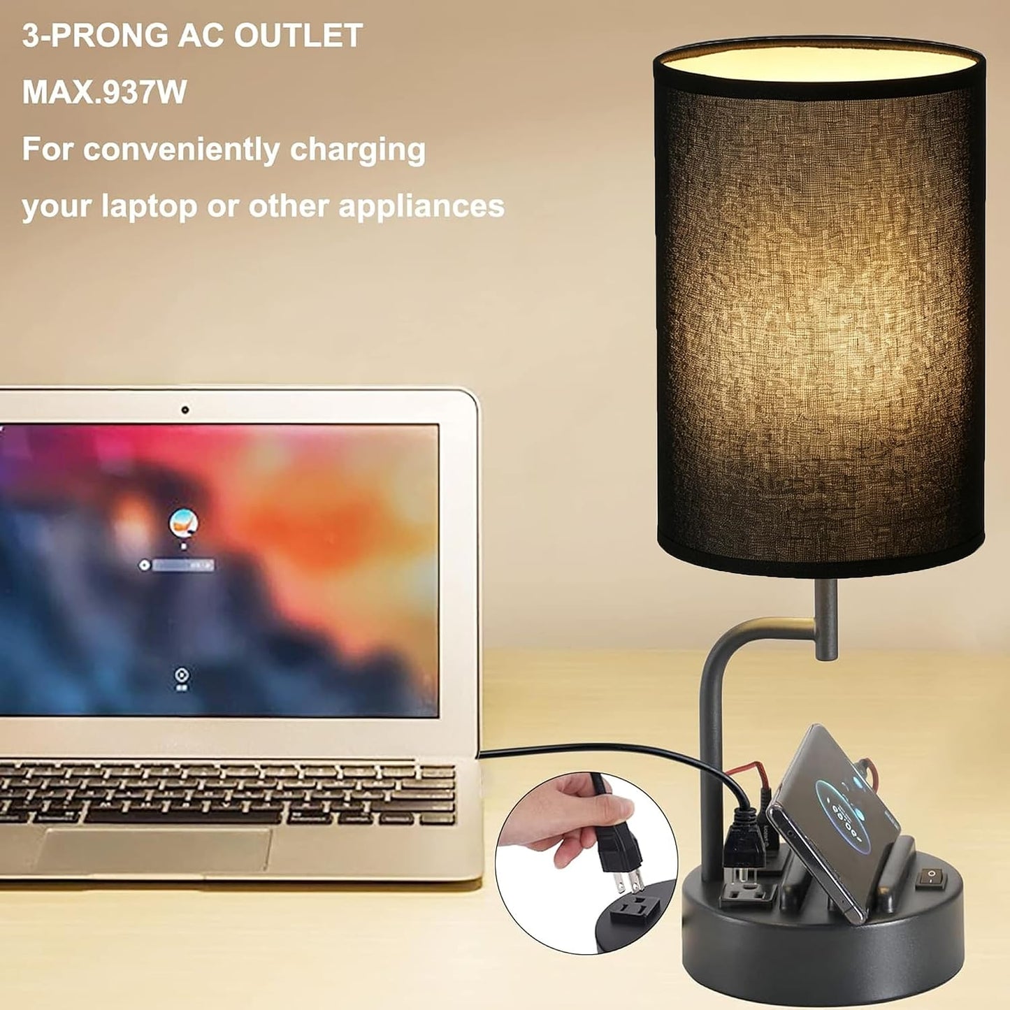 Dreamholder Table Lamp with 3 USB Charging Ports, Modern Desk Lamp with AC Outlet and Phone Stands, Perfect Bedside Lamp for Bedroom, Living Room, Office (Pack of 2), Cream