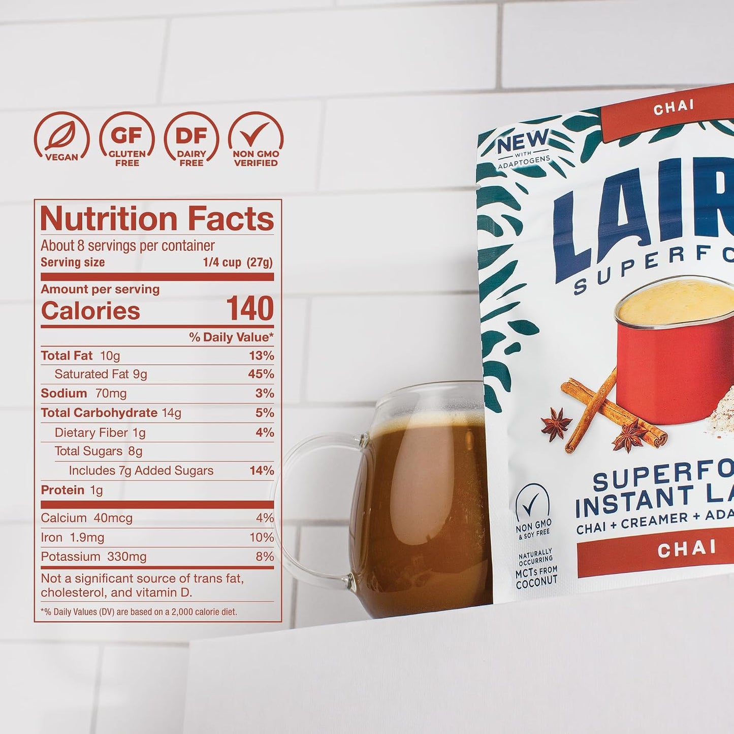 Laird Superfood Chai Instant Latte with Adaptogens - Instant Chai Tea Powder with Superfood Coconut Creamer - Gluten Free, Non-GMO, Vegan, 8 oz. Bag, Pack of 1