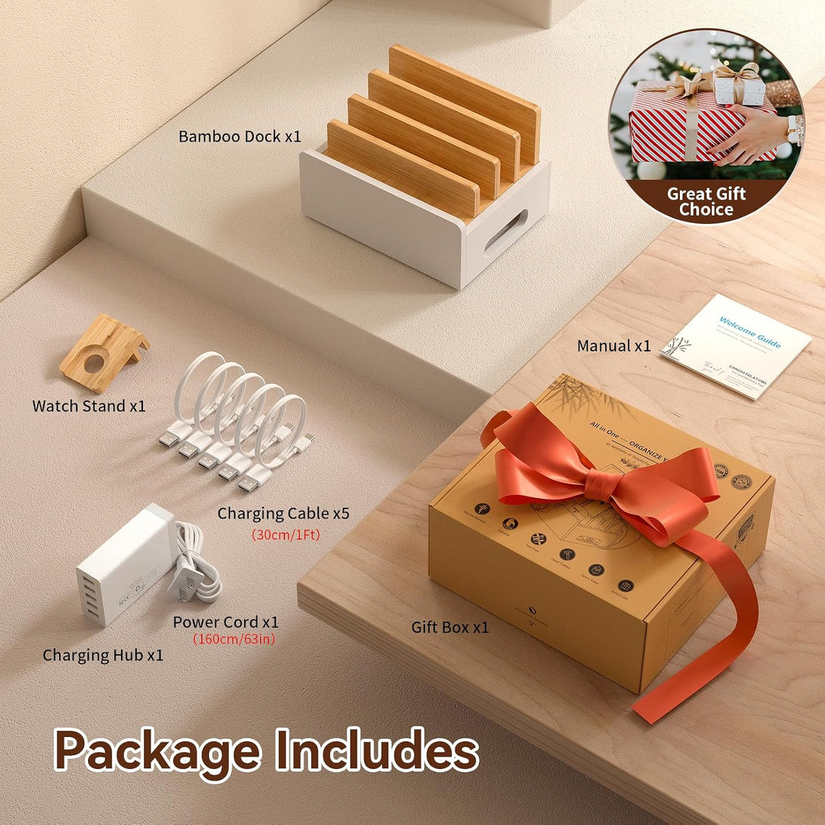 Pezin & Hulin Bamboo Charging Station with USB Charger,5Cables-Natural