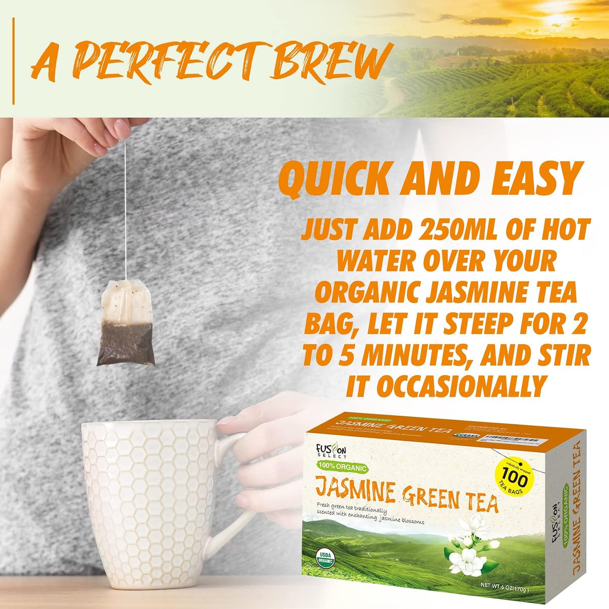 Fusion Organic Jasmine Green Tea - 100 Bags, Traditionally Scented, Refreshing Floral Fragrance - 6oz (170g)