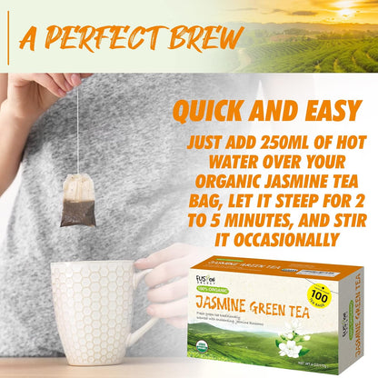 Fusion Organic Jasmine Green Tea - 100 Bags, Traditionally Scented, Refreshing Floral Fragrance - 6oz (170g)