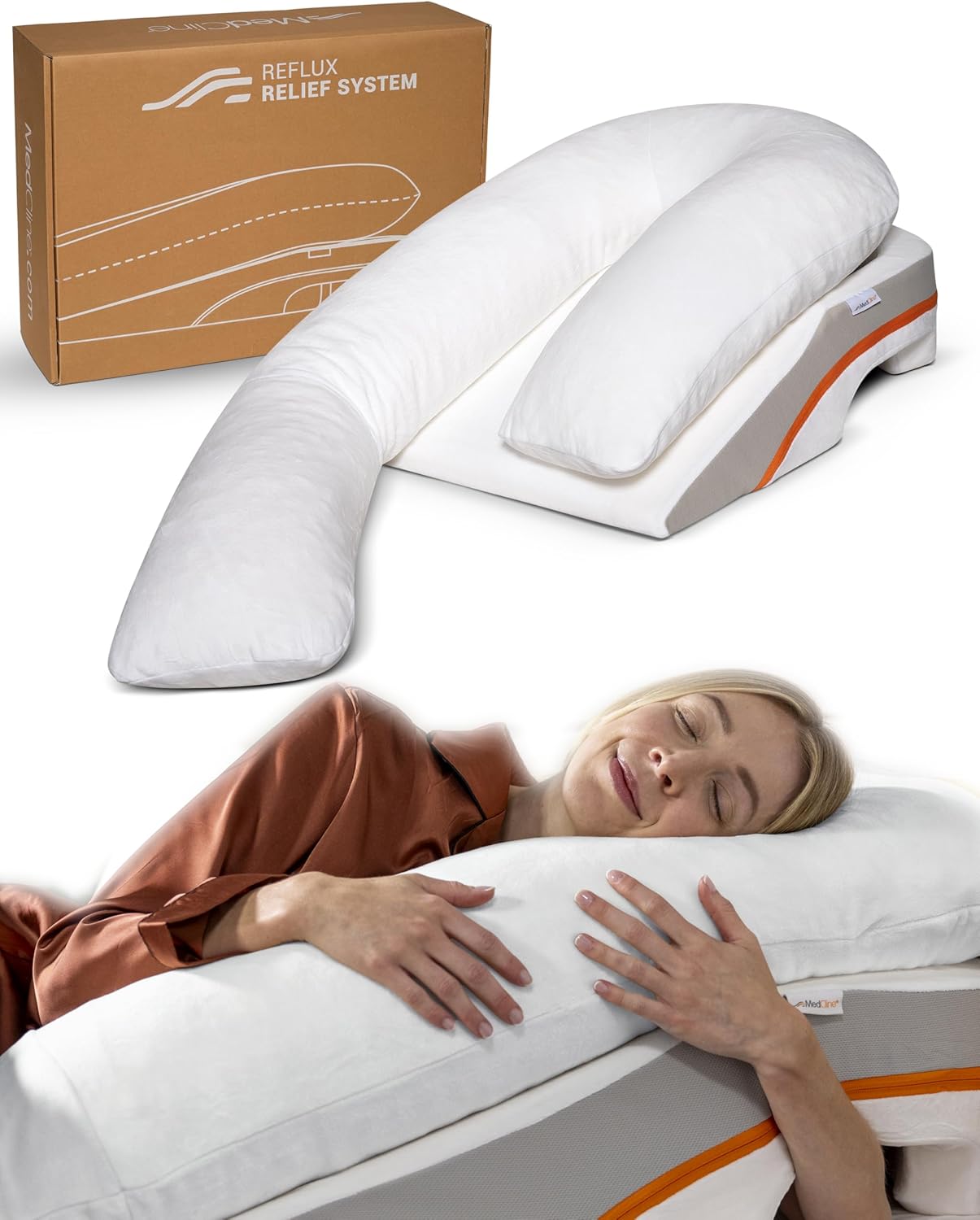 MedCline Reflux Relief System, Bed Wedge Pillow for Acid Reflux and GERD Relief with Therapeutic Body Pillow, Insert, and Covers, Inclined Sleep Position with Arm Pocket, Medium for 5'5" to 5'11" Tall