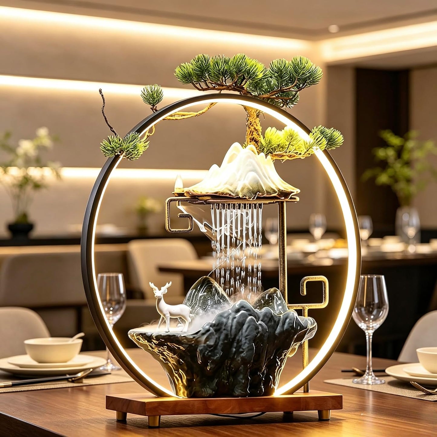 Mini Artificial Bonsai Tree Waterfall Fog Feature Rock Tabletop Fountain | 11in Desktop Decor Waterfall Fountain W/ Water Pump& Atomizer&LED Lights &Fake Tree Office Bedroom Relax