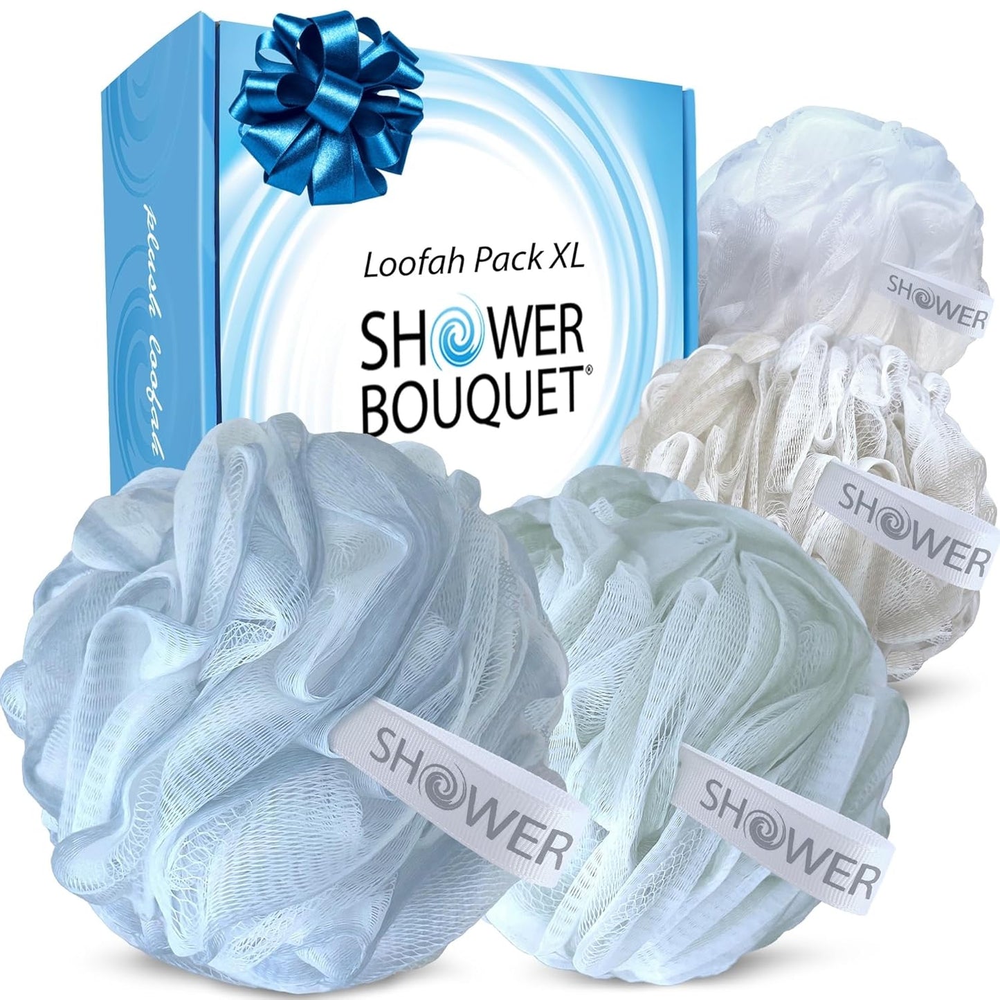 SHOWER BOUQUET Loofah-Charcoal Bath-Sponge XL-Color-4-Pack // Extra Large 75g Soft Mesh Black Luffa Loofa Loufa Puff Set/Exfoliating Body Scrubber for Women and Men - Exfoliate & Soothe Face & Body