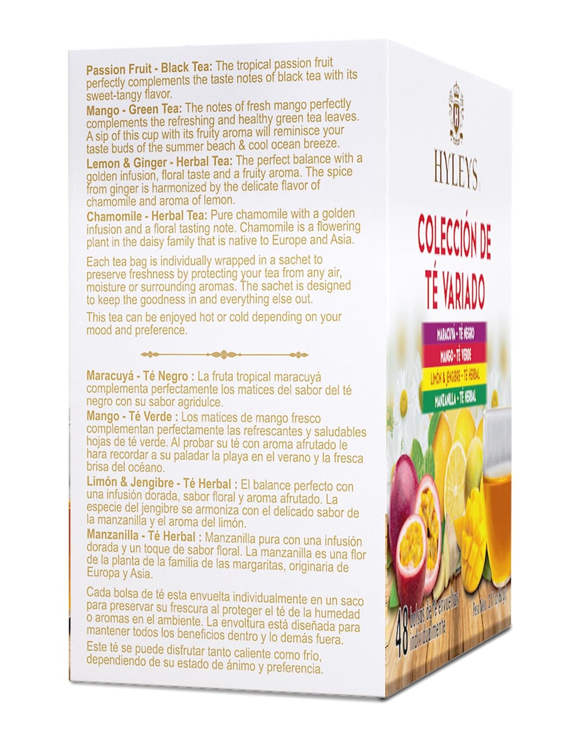 Hyleys Assorted Tea Collection, Passion Fruit, Mango, Lemon, 48 Tea Bags
