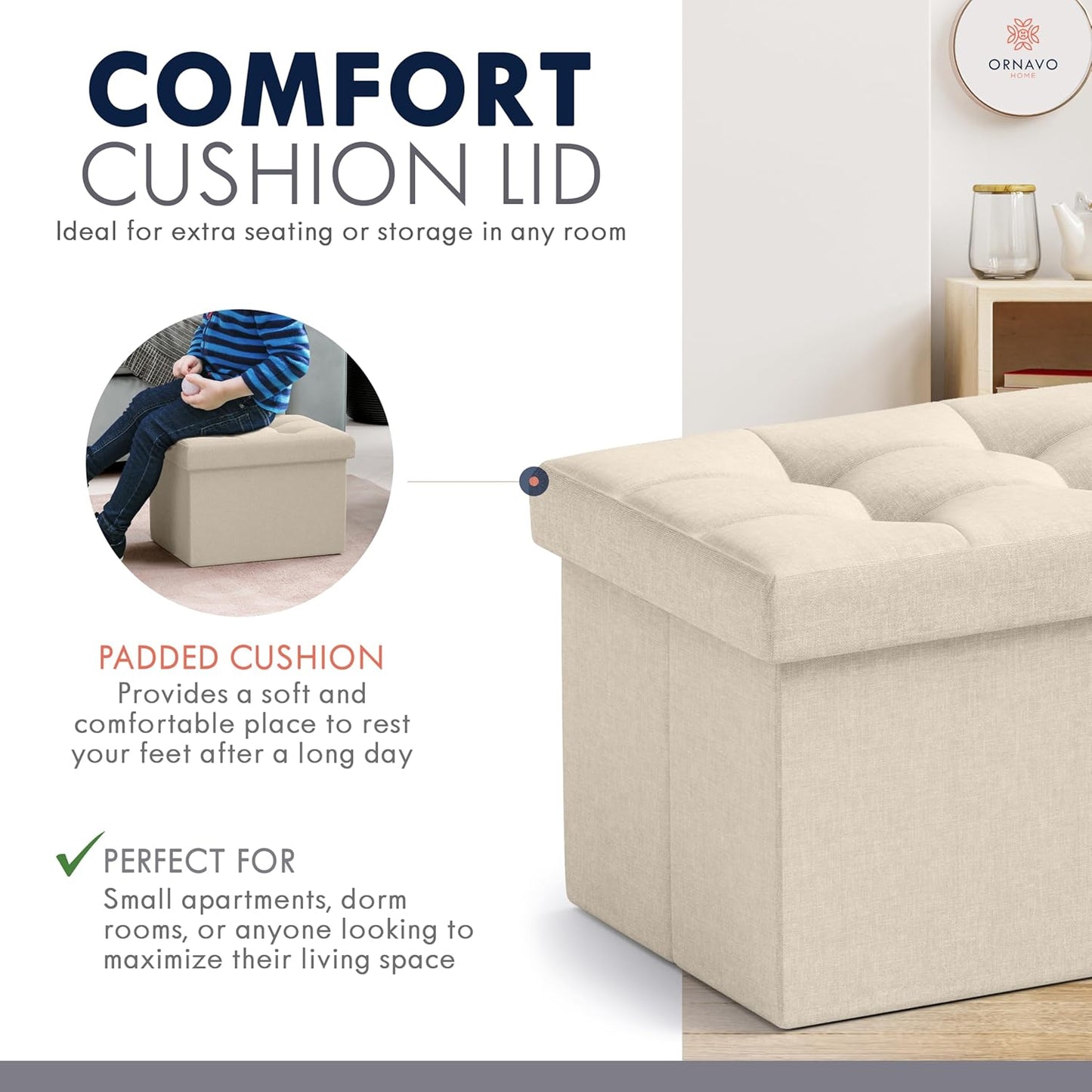 Ornavo Home Small Storage Ottoman Foldable Collapsible Rectangle Linen Ottoman Foot Rest Stool Seat, for Living Room, Bedroom, Home Office, Dorm - 12 x 16 x 12, Black