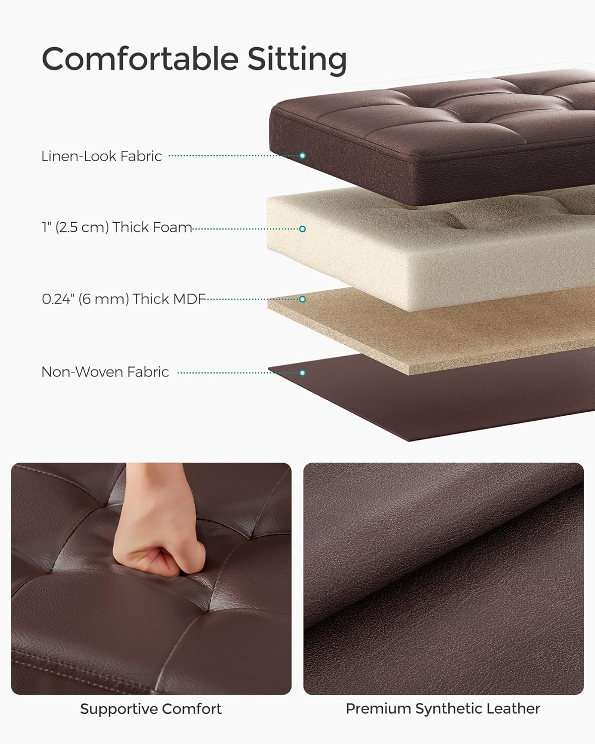 SONGMICS Small Folding Storage Ottoman, Foot Rest Stool, Cube Footrest, Synthetic Leather, 12.2 x 16.1 x 12.2 Inches, 286 lb Capacity, for Living Room, Bedroom, Dorm, Ink Black ULSF100B01