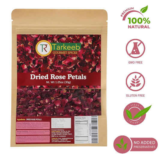 Tarkeeb Dried Rose Petals ~ All Natural | Edible Rose Petals | Dried Flower Petals for Herbal Tea, Decoration, Rose Sprinkles, Topping on Cupcakes, Desserts - Net Weight: 1.05oz/30g | Indian Origin |