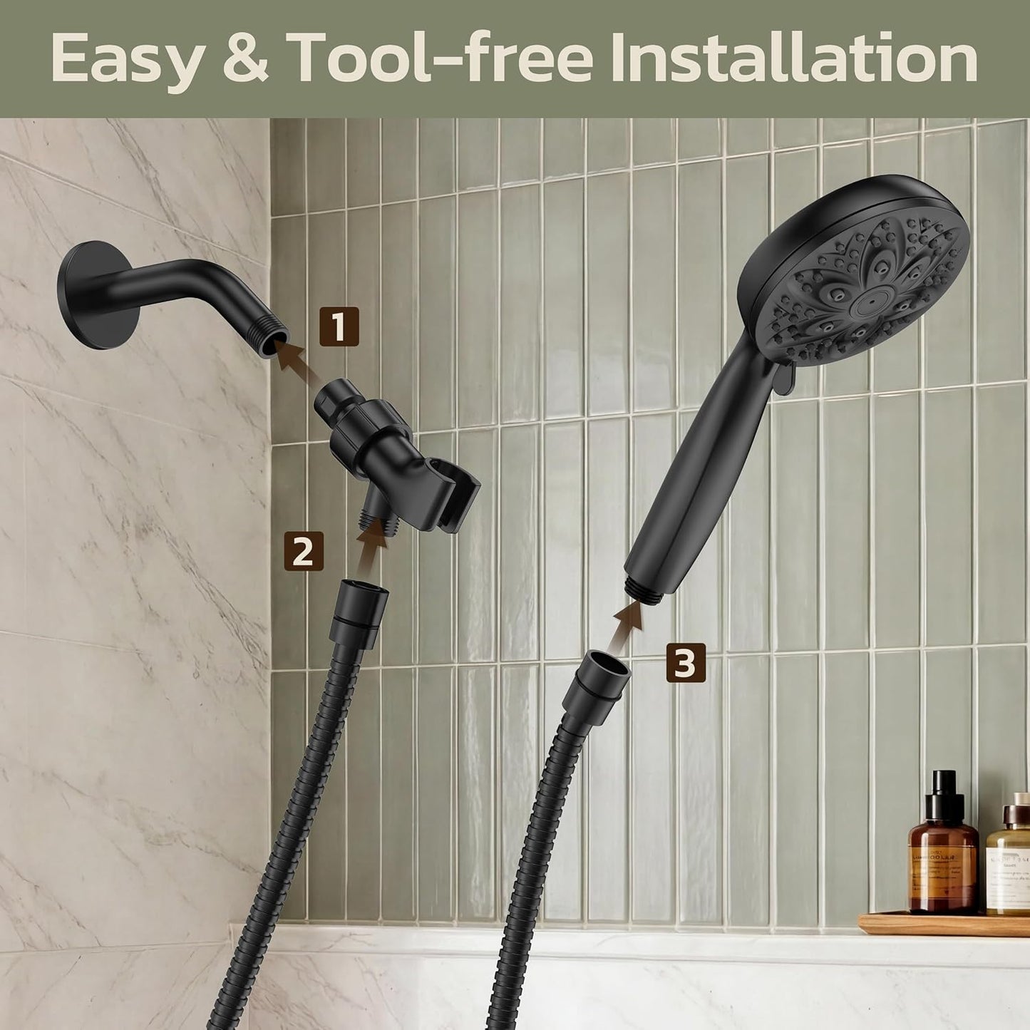 6-Setting Shower Head with Handheld, JDO High Pressure Hand held Shower Head, 4.7 Inch Chrome Detachable Showerhead Set with 59 Inch Stainless Steel Hose and Adjustable Showerhead Holder