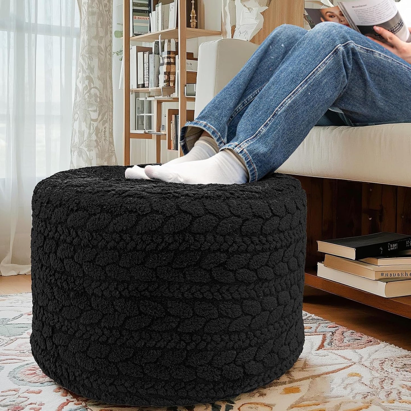Round Pouf Ottoman Foot Stool 20x14In Ottoman Footrest for Couch Sofa Green