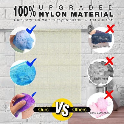 UJFQBH 3 Pieces African Bath Sponge African Net Long Net Bath Sponge Exfoliating Shower Body Scrubber Back Scrubber Skin Smoother,Great for Daily Use (Pink,Yellow,Purple)
