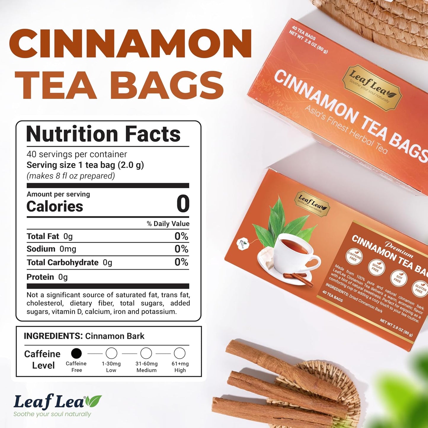 LeafLea 40 Turmeric Ginger Cinnamon Tea Bags, 100% Natural Ingredients Herbal Tea, Turmeric Ginger Herbal Blend for Wellness, Vegan, No Sugar, Caffeine-Free, Individually Wrapped for Freshness