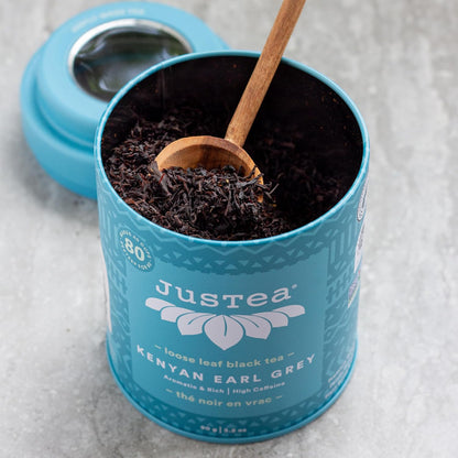 JusTea KENYAN EARL GREY Loose Black Tea, 40+ Cups Tin + Spoon, 4/5 Caffeine