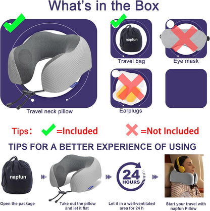 napfun Neck Pillow for Traveling, Upgraded Travel Neck Pillow for Airplane 100% Pure Memory Foam Travel Pillow for Flight Headrest Sleep, Portable Plane Accessories, Light Grey