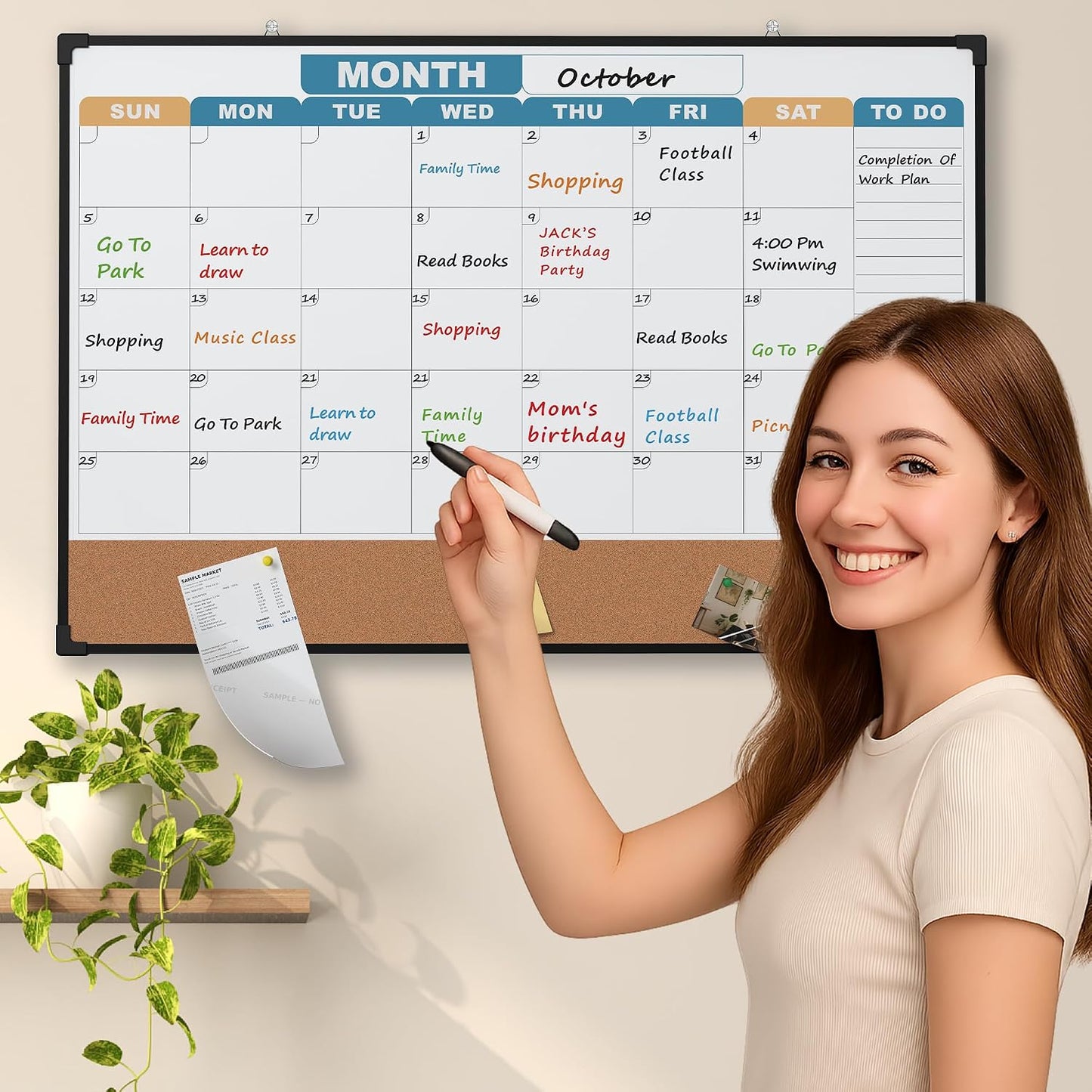 Monthly Calendar Dry Erase Board 16x12 Inch, Double-Sided Whiteboard and Corkboard Combo, Wall Mounted Planner Organizer with Markers, Magnets, Push Pins, Eraser, for Home Office School