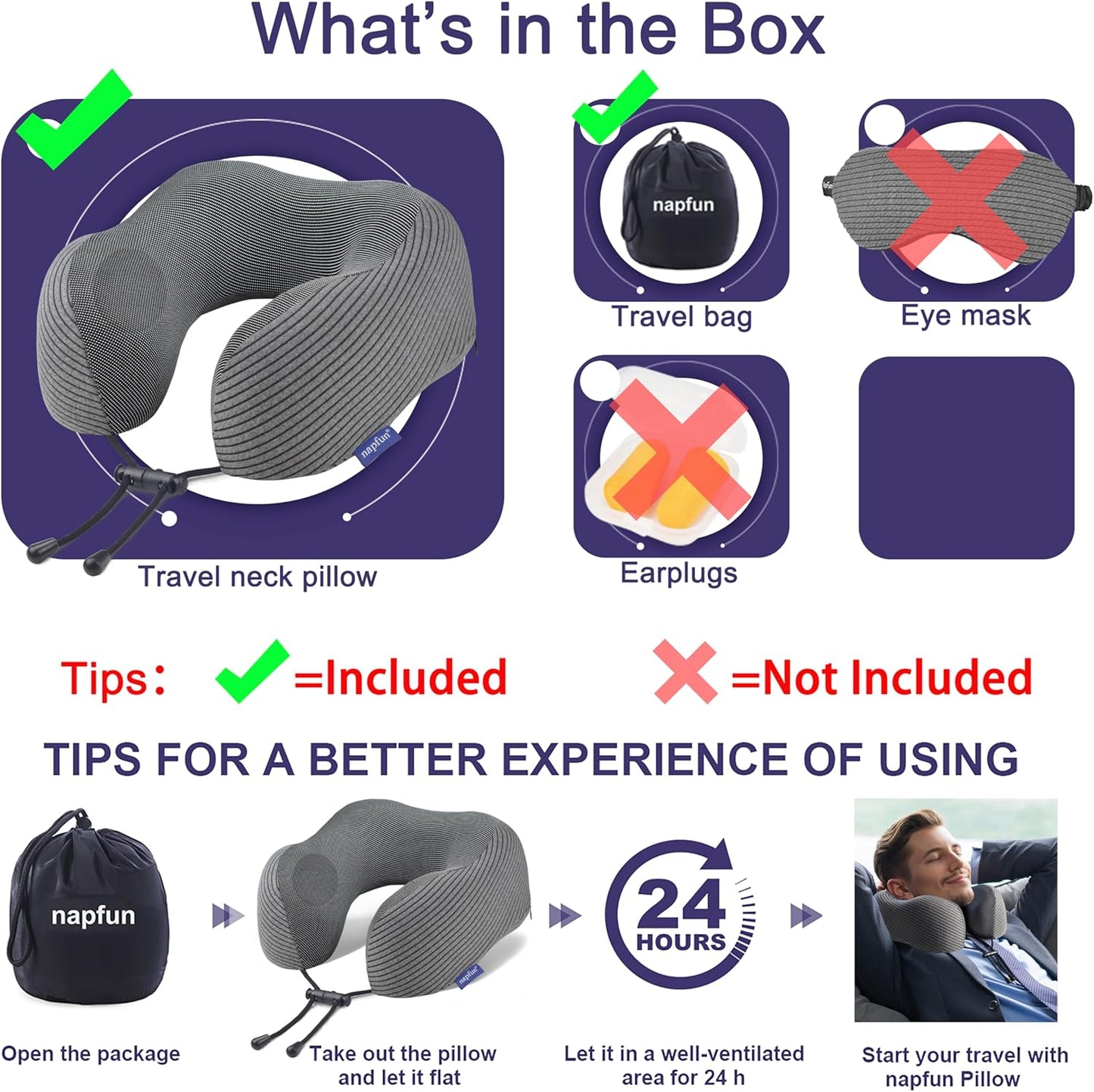 napfun Neck Pillow for Traveling, Upgraded Travel Neck Pillow for Airplane 100% Pure Memory Foam Travel Pillow for Flight Headrest Sleep, Portable Plane Accessories, Light Grey