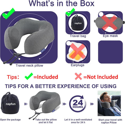 napfun Neck Pillow for Traveling, Upgraded Travel Neck Pillow for Airplane 100% Pure Memory Foam Travel Pillow for Flight Headrest Sleep, Portable Plane Accessories, Light Grey
