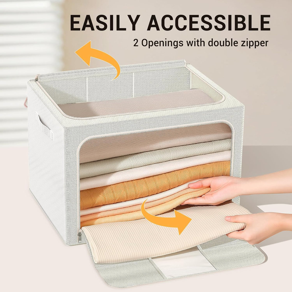 Clothes Storage Bins with Metal Frame Foldable Storage Box Clothes Organizers Storage Containers for Clothes Sheets Blankets Books Toys Gifts and Holiday Decorations (66Lx3 Pack)