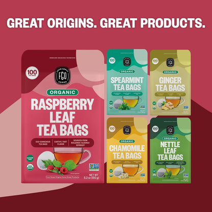 FGO Organic Red Raspberry Leaf Tea Bags, 100 Eco-Conscious Tea Bags, Caffeine Free, Imported from Germany, Reseable Bag, Packaging May Vary (Pack of 1)