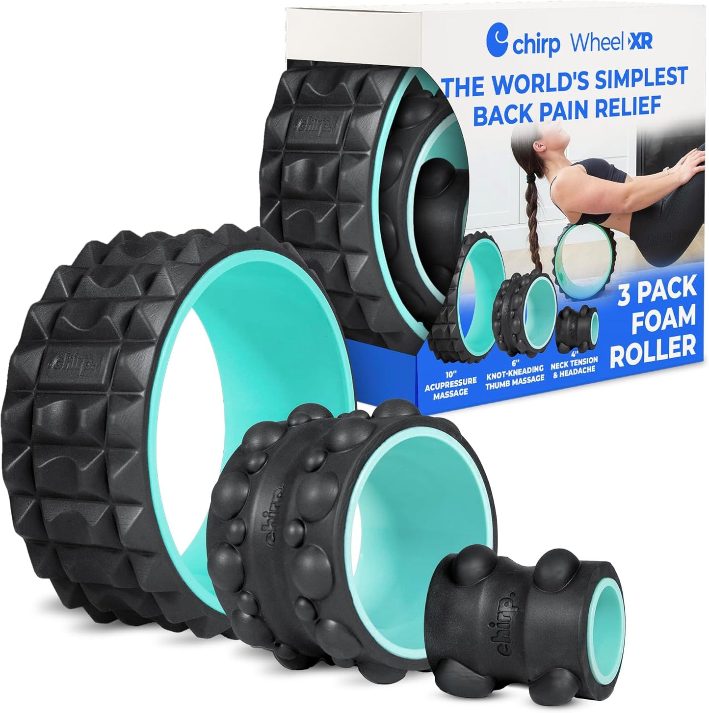 Chirp Wheel XR 3P Massage Roller Set - 10” Acupressure, 6” Knot-Kneading Thumb, 4” Neck & Headache Tension Relief, High Density Foam Massage Rollers for Back & Neck Pain, 500lbs Capacity, Black