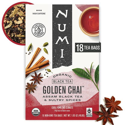 Numi Organic Rooibos Chai Tea, 18 Herbal Bags, Microplastic Free, Rich Flavor with Cinnamon, Allspice & Ginger, Caffeine Free