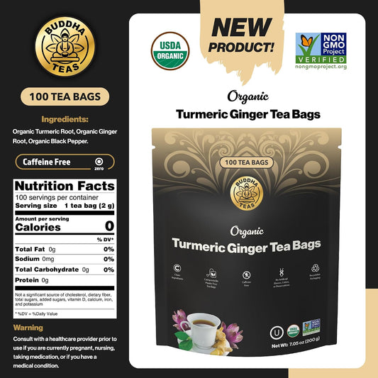 Buddha Teas Organic Turmeric Ginger Tea - Herbal Tea, Caffeine Free