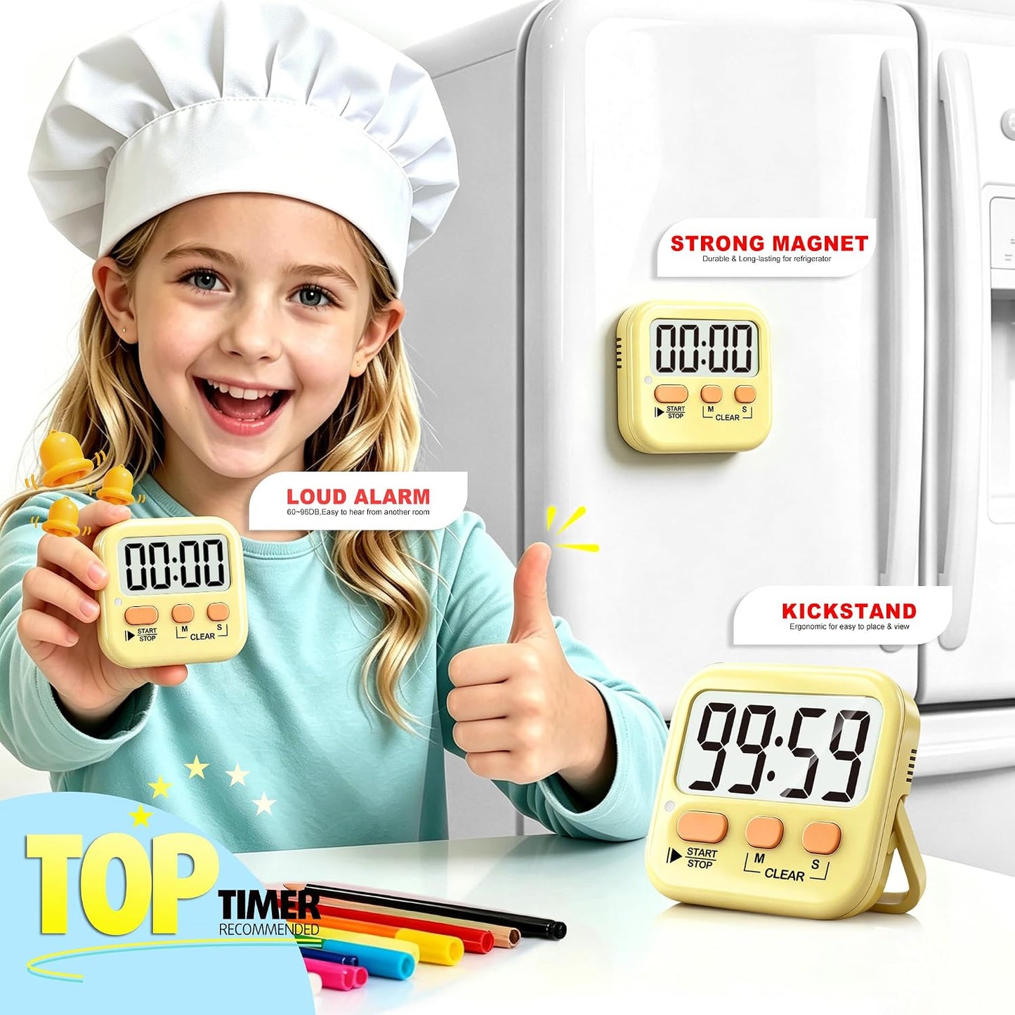 Antonki 2 Pack Digital Timer for Kids, Magnetic Countdown Kitchen Timers for Cooking, Egg, Classroom, Teacher, Exercise, Study, Oven - Battery Included