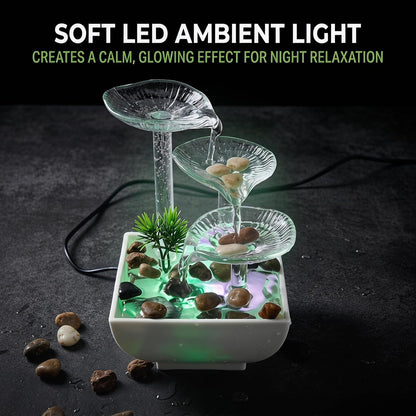 Tabletop Fountain,Indoor Water Fountain,Home Fengshui Décor Zen Relaxation Soothing Sound Machine for Office,Living Room,or Bedroom,Green Lotus,Hummingbird & Pink Flower