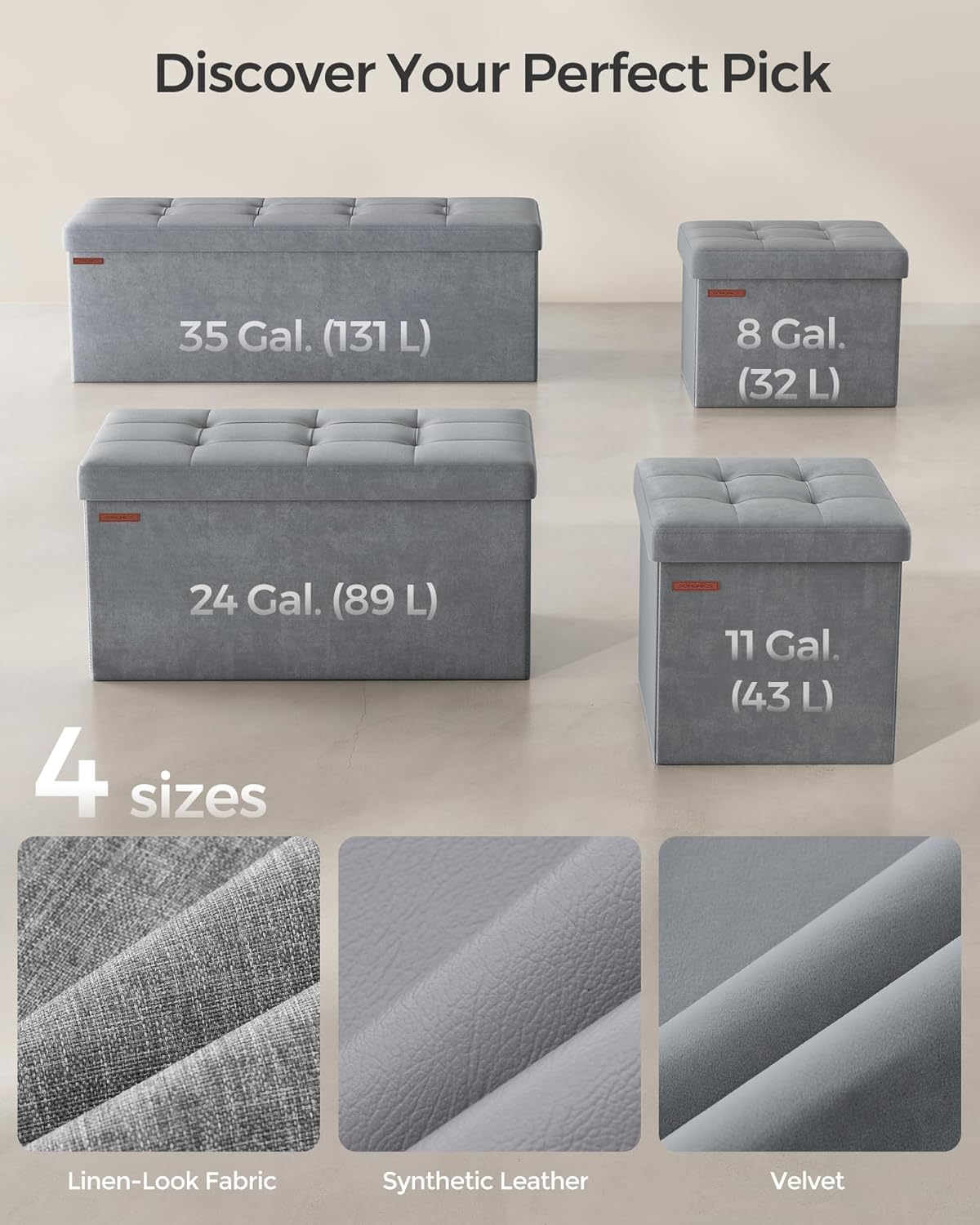 SONGMICS Small Folding Storage Ottoman, Foot Rest Stool, Cube Footrest, Synthetic Leather, 12.2 x 16.1 x 12.2 Inches, 286 lb Capacity, for Living Room, Bedroom, Dorm, Ink Black ULSF100B01