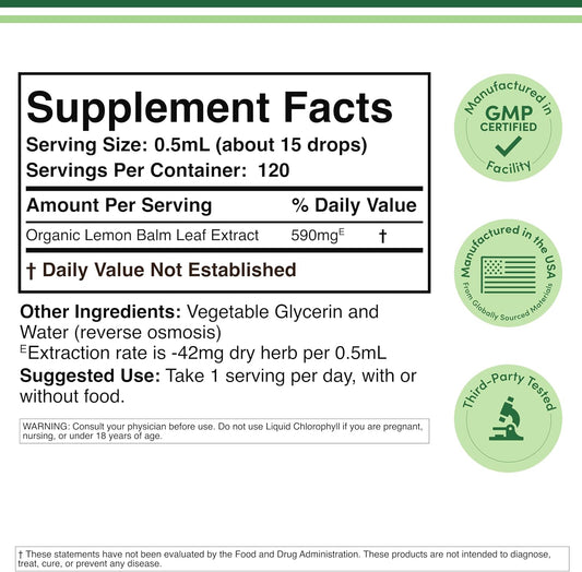 Double Wood Supplements Organic Lemon Balm Tincture - for Digestion & Relaxation 590mg - 2FL OZ, 120 Servings (Better Absorbed Than Capsules, Great for Lemon Balm Tea)