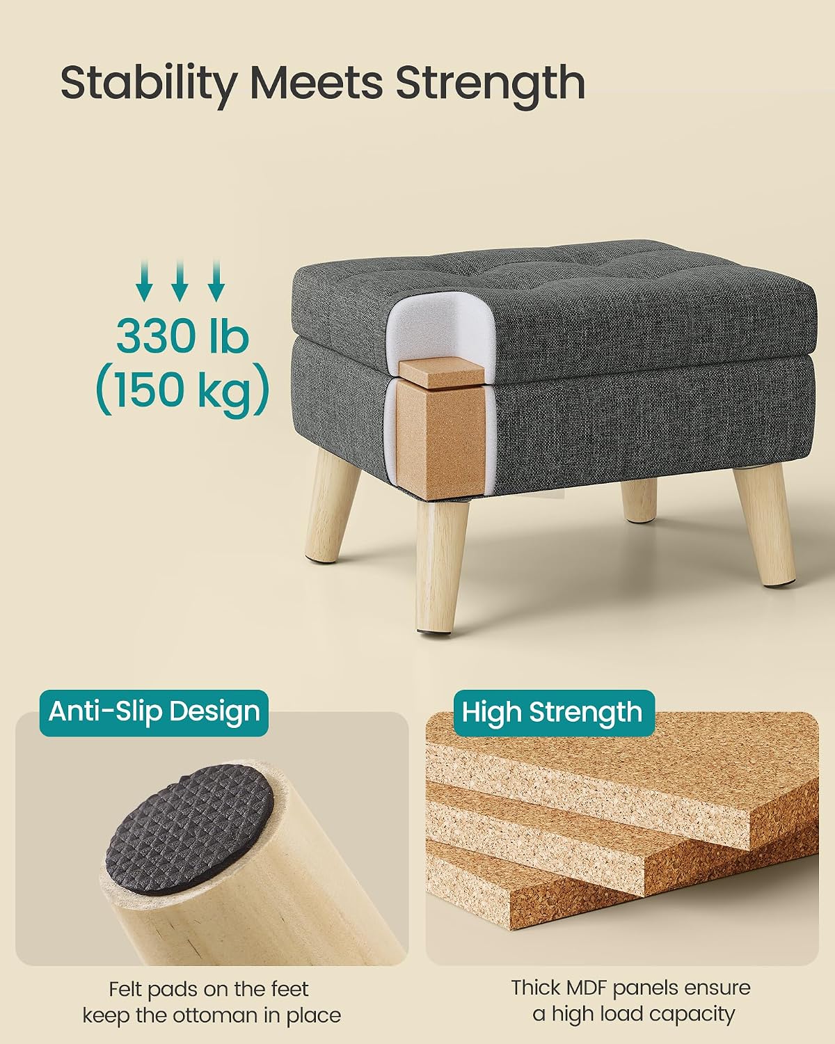 SONGMICS Foot Stool Ottoman, Small Storage Ottoman with Legs, 15.7 Inches