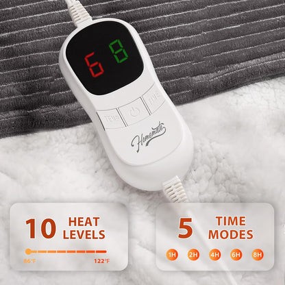 Homemate Heated Blanket Electric Throw - 50"x60" Heating Blanket Throw 1/2/4/6/8 Hours Auto-Off 10 Heat Levels Over-Heat Protection Soft Flannel Sherpa Heater ETL Certification