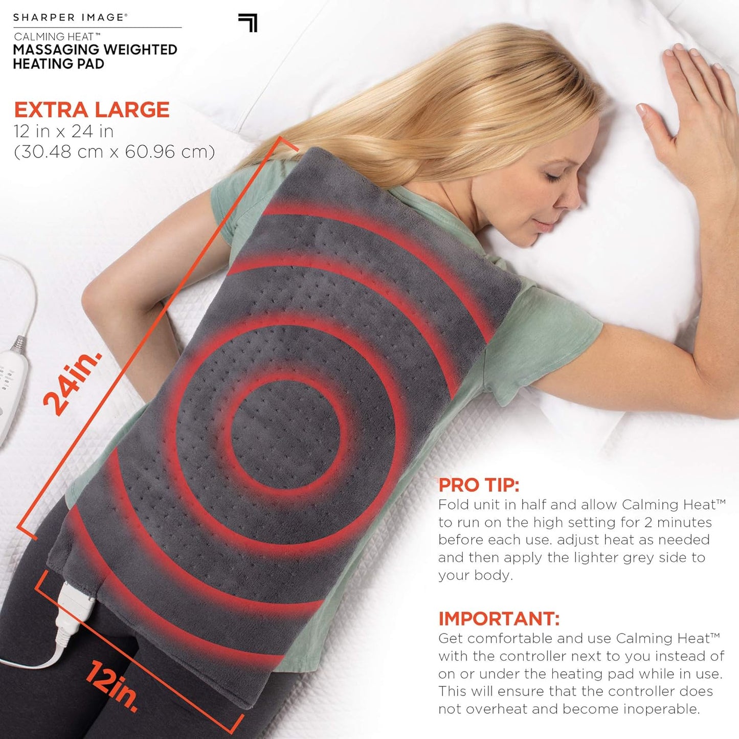 Calming Heat Massaging Vibrations Weighted Heating Pad by Sharper Image | Temperature Settings, Auto Shut-Off Feature, Gift for Holidays, Women & Men | 3 Heat, 6 Massage, 12” x 24”, 4 lbs