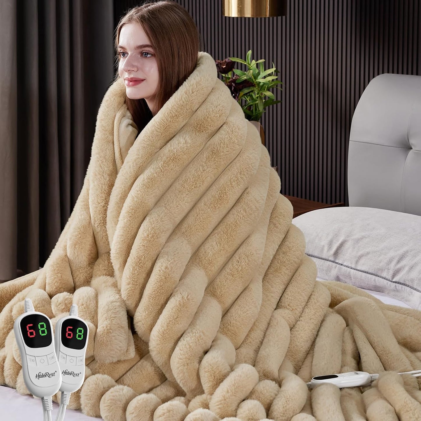 Heated Throw Blanket, Faux Fur Cozy Heating Blanket with Overheat Protection, 1/2/4/6/8 Hours Auto-Off 10 Heat Level, Machine Washable (50x60 Inches, Cream White)