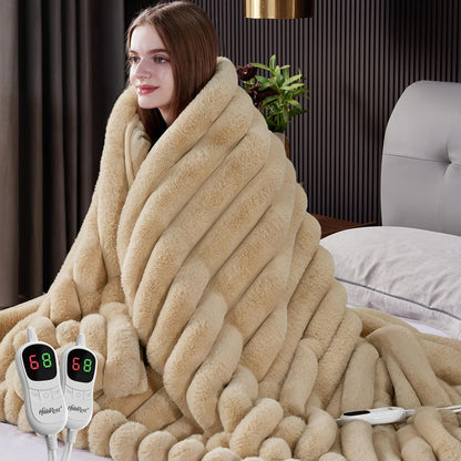 Heated Throw Blanket, Faux Fur Cozy Heating Blanket with Overheat Protection, 1/2/4/6/8 Hours Auto-Off 10 Heat Level, Machine Washable (50x60 Inches, Cream White)